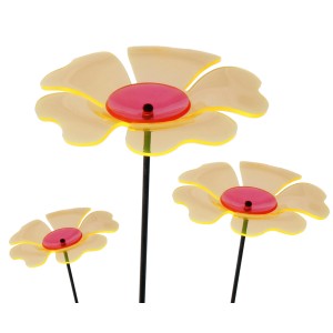 Deko-Gartenstecker Mohnblume, 3er-Set aus Acrylglas in Gelb und Pink, Gartendekoration.