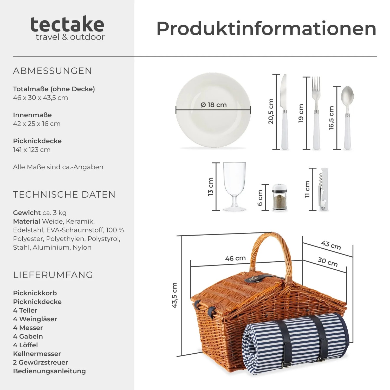 Tectake Picknickkorb Usedom Für 4 Personen  Mit Picknickdecke Integriertes Kühlfach  30 x 46 x 43 50 cm Braun_6
