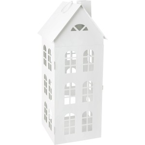Weiße Metall Laterne im Haus Design, 46cm hoch, Weihnachtsdekoration für gemütliche Lichtstimmung.