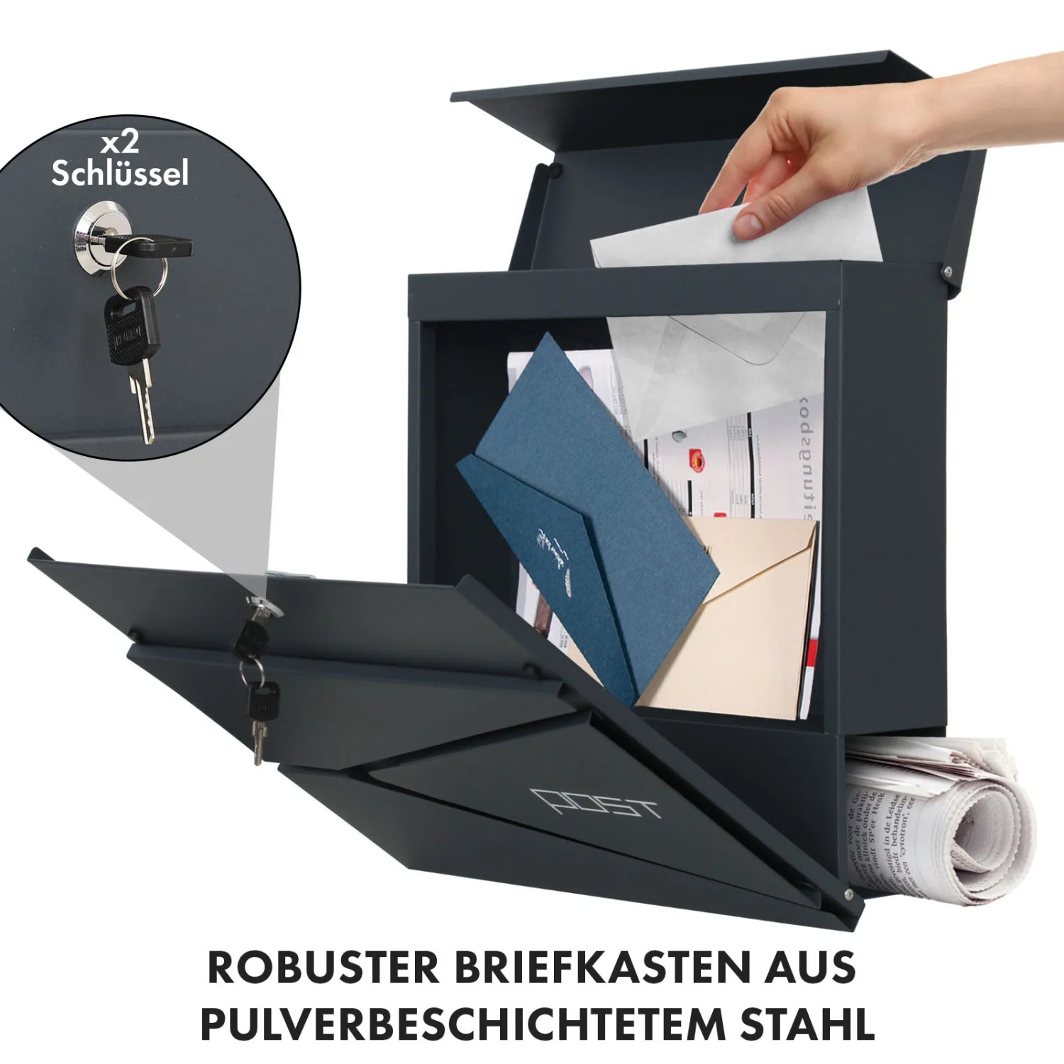 KARAT Briefkasten Armand, Stahl, anthrazit, mit Zeitungsfach und C4 Einwurf.