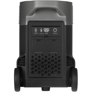 Rückansicht der EcoFlow Delta Pro Powerstation 3600 Wh mit Anschlüssen und Rädern.