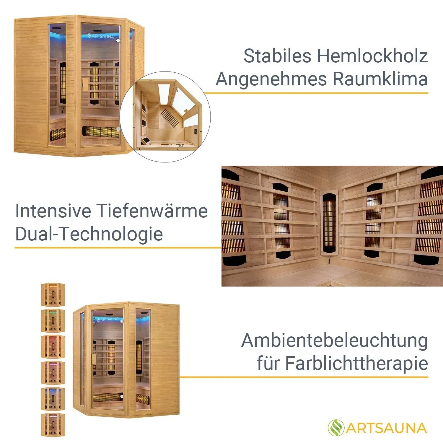 Artsauna Infrarotkabine Nyborg E150V aus Hemlockholz mit Vollspektrumstrahlern und LED-Ambientebeleuchtung.