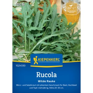 Kiepenkerl Wilde Rauke Rucola Samenpackung mit frischen Rucolablättern.