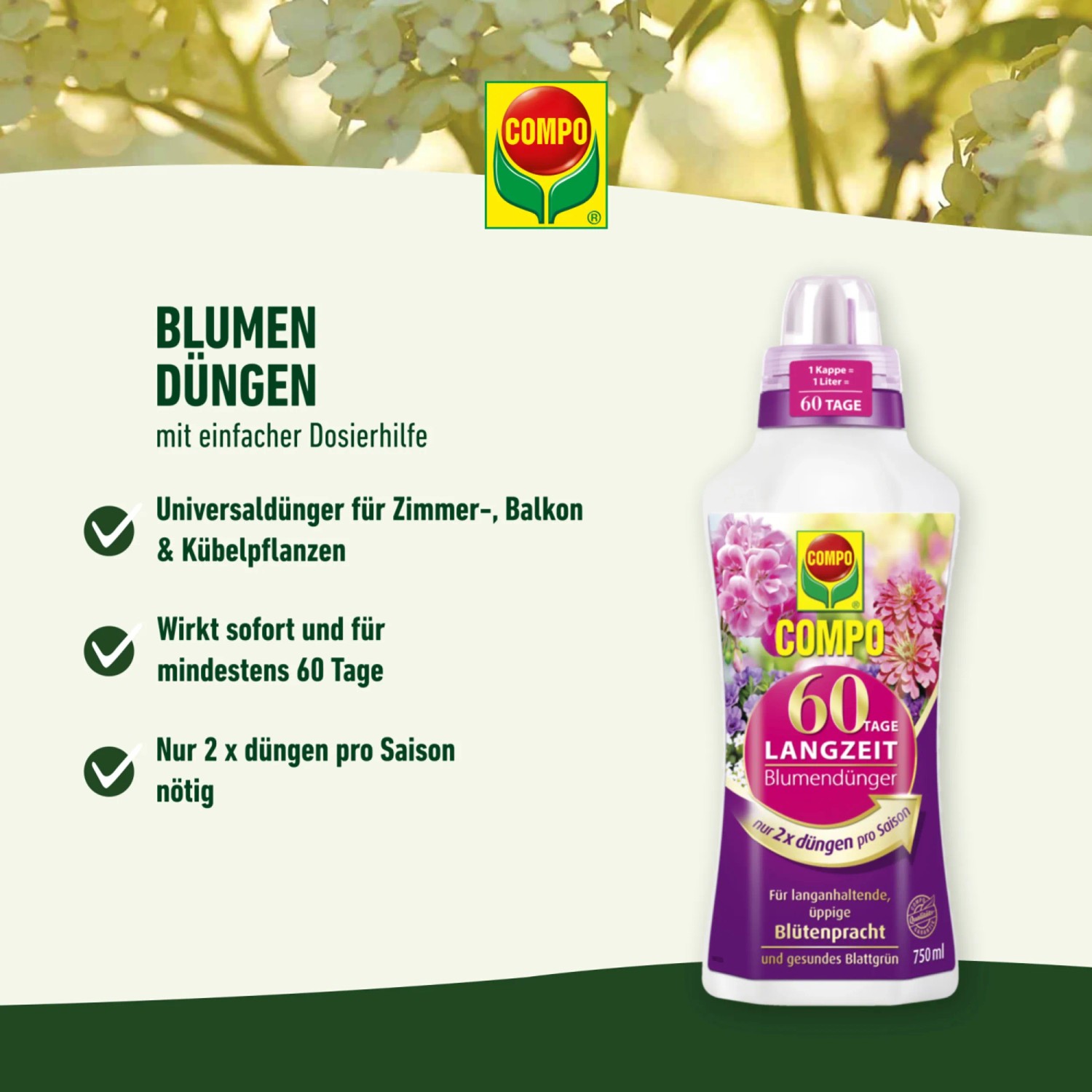 Compo Langzeit Blumendünger 750ml für üppige Blütenpracht, Universaldünger für Zimmer, Balkon und Kübelpflanzen.