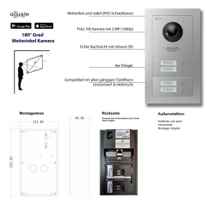 Goliath Video Türklingel für 4 Familien, 7 Zoll, Weiß/Silber, Unterputz. Komplettset mit App-Steuerung.