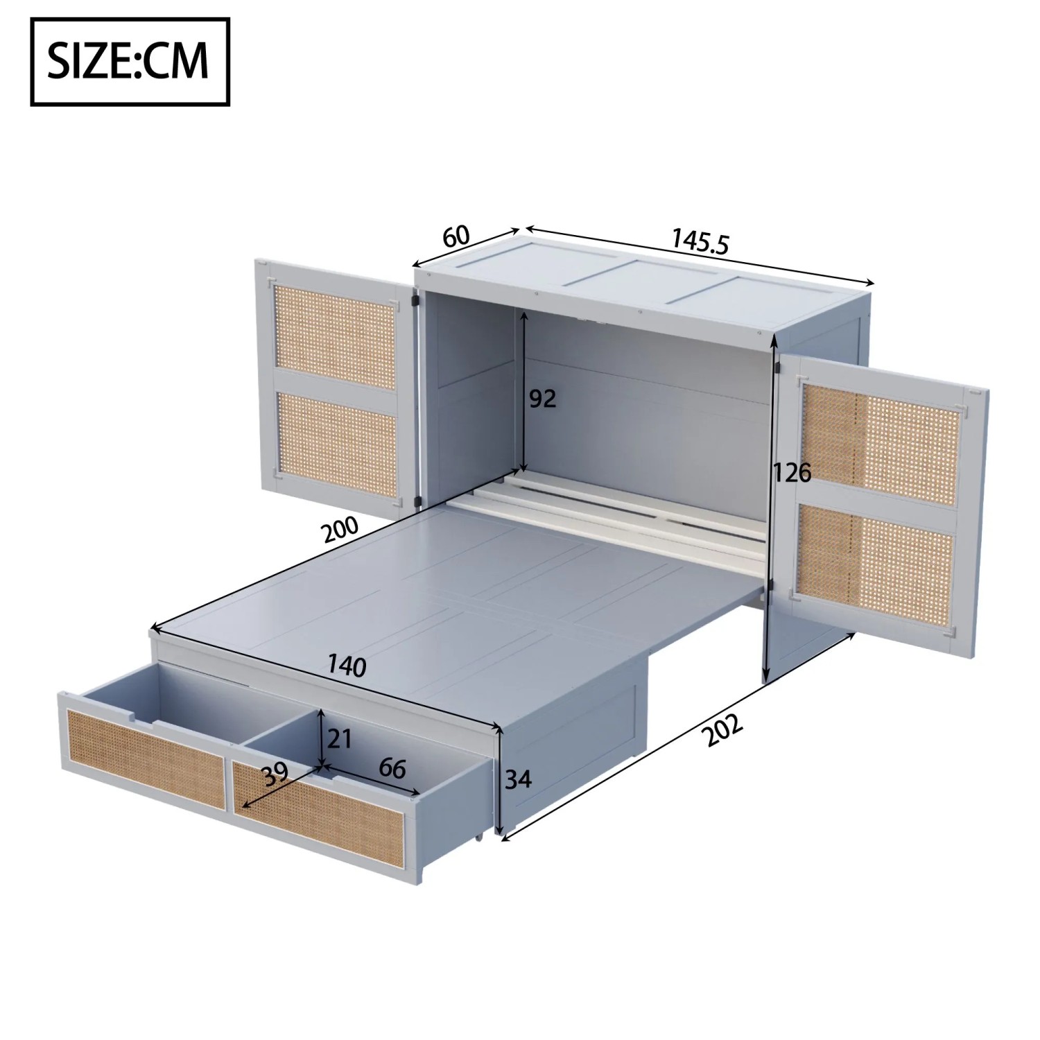 Graues Merax Schrankbett 140x200cm mit Rattan-Türen und Schubladen, ausgeklappt. Bietet Stauraum und spart Platz.