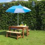 Axi Sand- und Wasser-Picknicktisch Dennis mit Sonnenschirm, braunes Holz, blaue Akzente, Spielküche.