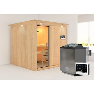 Karibu Sauna Rikka mit Bio-Ofen und LED-Dachkranz aus Naturholz. Elementsauna mit Glastür und Steuerung.