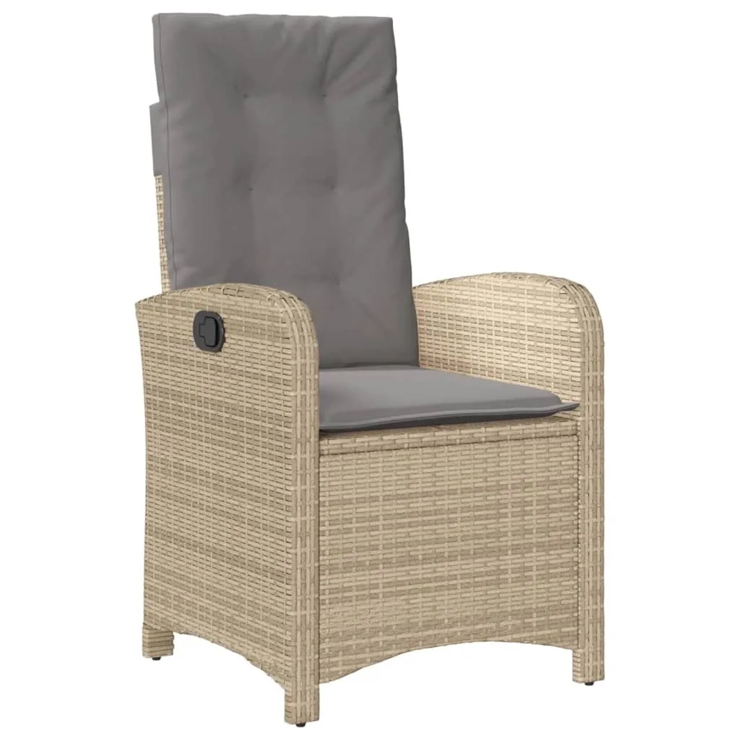 Beiger Relaxsessel aus Polyrattan mit grauen Kissen, Teil der 9-tlg. vidaXL Garten-Essgruppe.