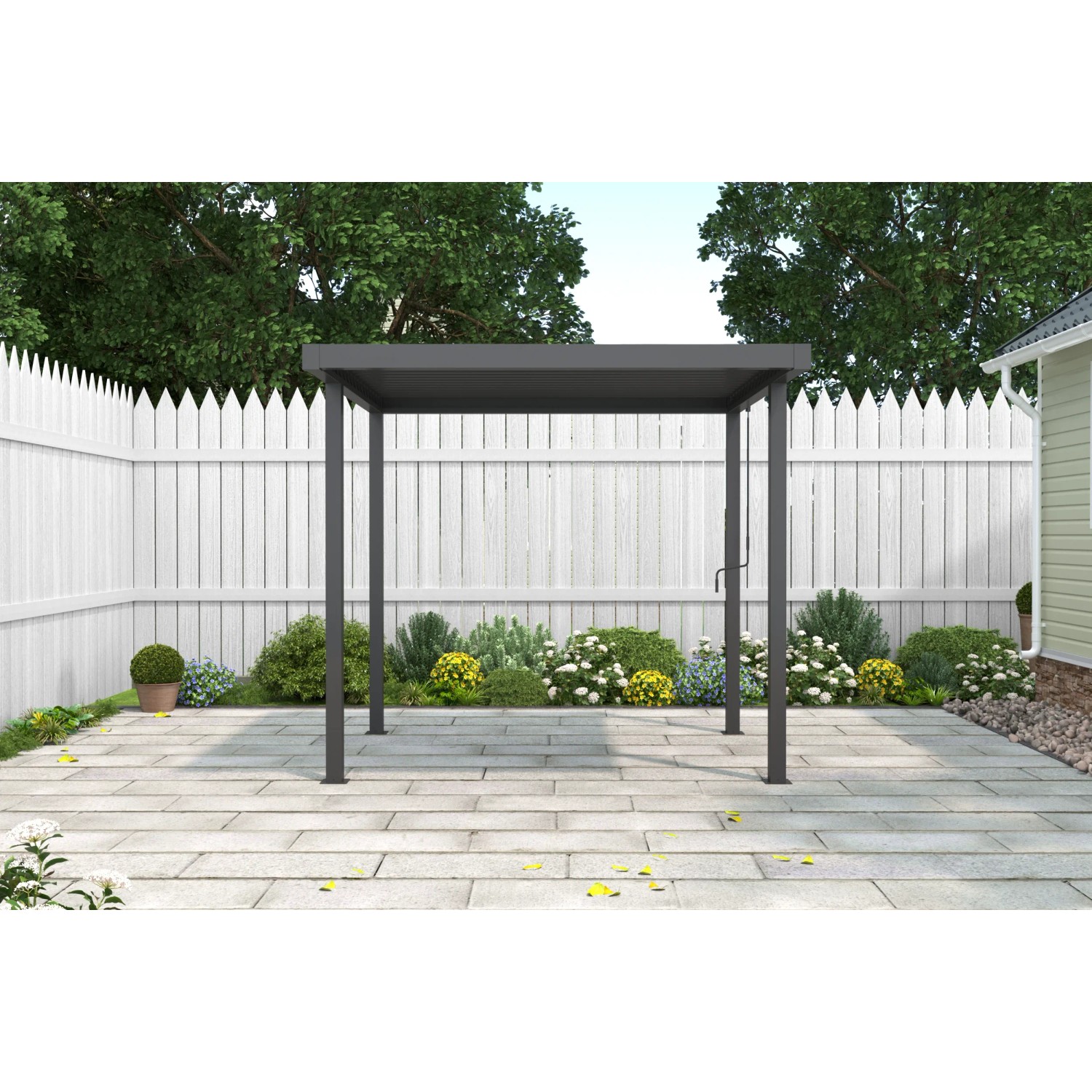 Anthrazitfarbene MWH BBQ Pergola 2,5x2,5m mit Lamellendach im Garten. Ideal für Grillbereiche & Sonnenschutz.