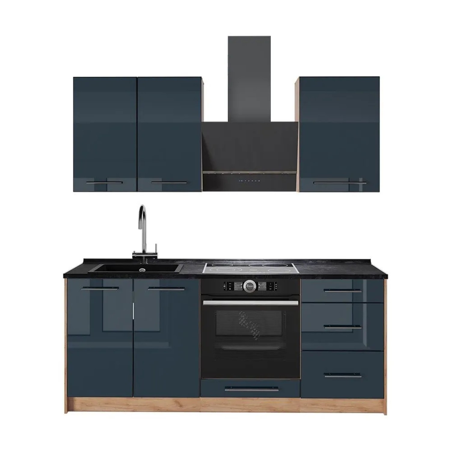 Vicco Singleküche Fame-Line Dunkelblau Hochglanz/Goldkraft Eiche 190 x 82 AP Anthrazit Art Nr 65766