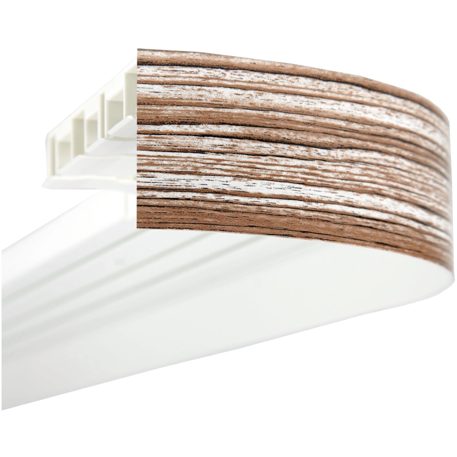 Bestlivings Gardinenschiene 420cm mit Teak-Blende, 3-läufig. Stabile Vorhangschiene für Gardinen.