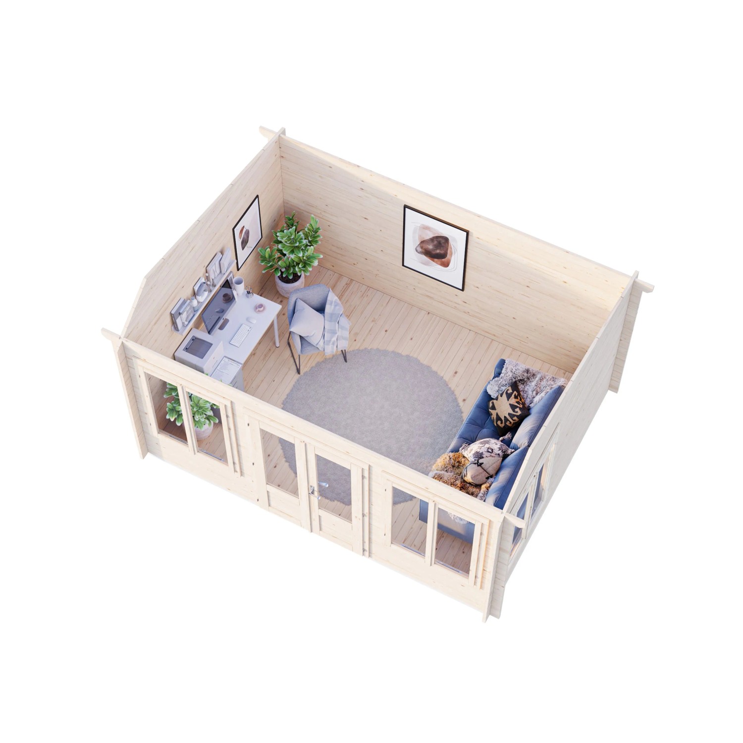 Innenansicht Palmako Gartenhaus Claudia Pent 400x300 cm, grau grundiert, mit Möbeln dekoriert.
