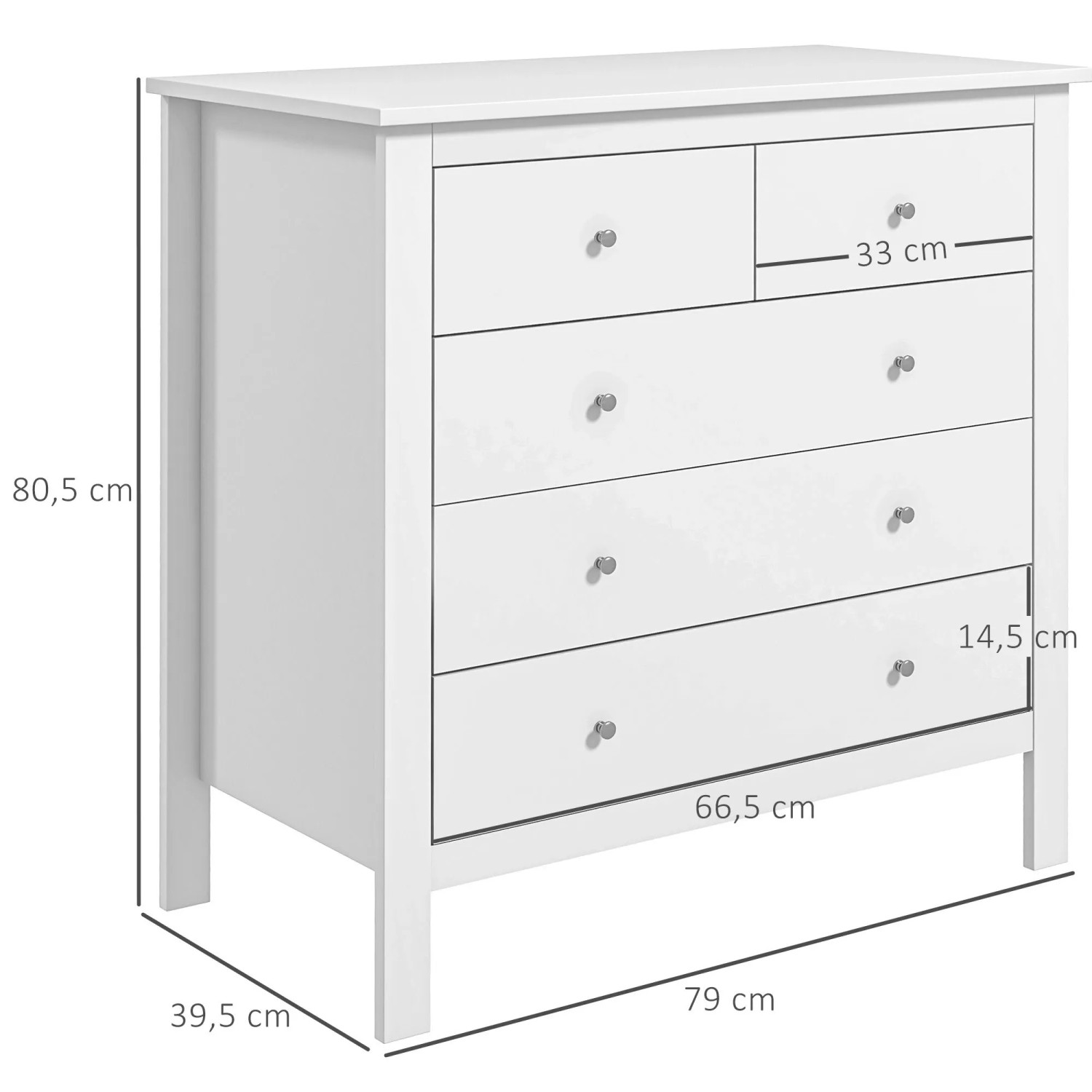 Weiße HOMCOM Kommode mit 5 Schubladen (2 klein, 3 groß) aus MDF/Spanplatte, 79x39,5x80,5 cm.