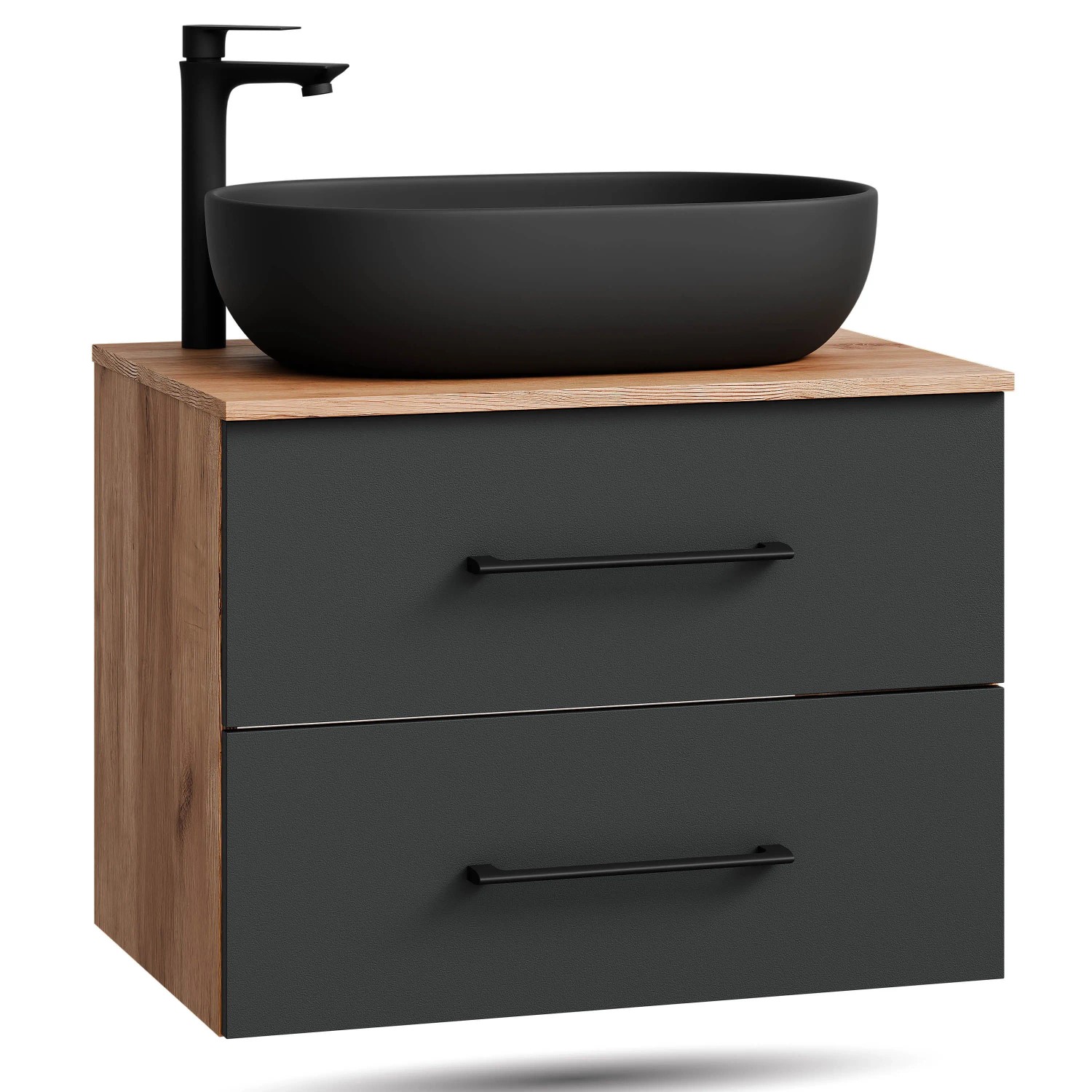 Planetmöbel LUX Waschtischunterschrank 70 cm mit Aufsatzwaschbecken 60 cm Schwarz Soft Close