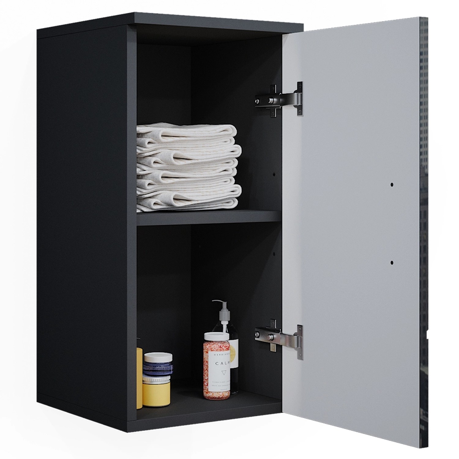 Vicco Badschrank Irma, Anthrazit Hochglanz, 30x59 cm, mit offener Tür und zwei Ablagefächern.