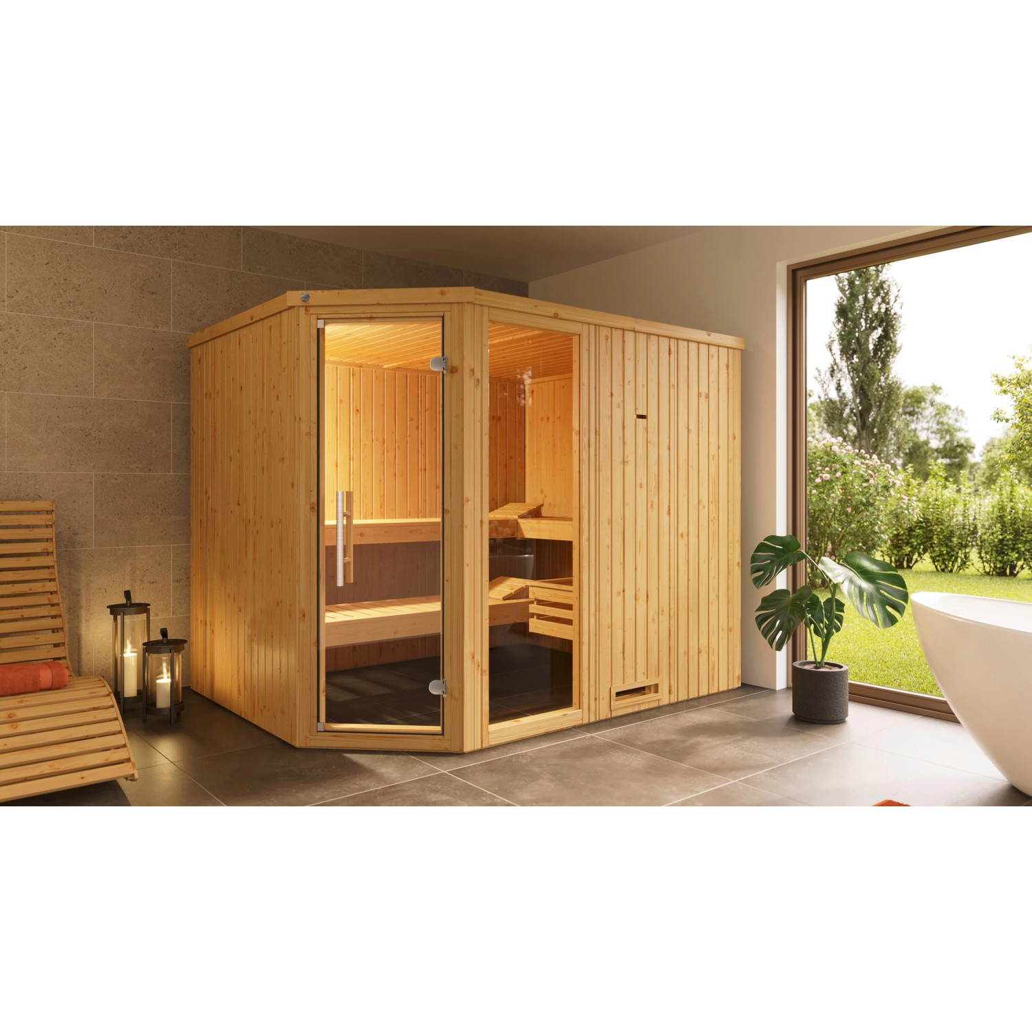 Weka Element-Ecksauna Varberg 4 Sparset 9 kW BioS Glastür/Fenster günstig online kaufen