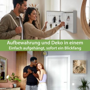Weißer Banjado Metall-Schlüsselkasten mit Buddha Motiv, offen im Flur, Frau hängt Schlüssel ein. Ideal für Garderoben.