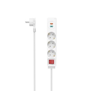 Weiße Hama Steckdosenleiste mit 3 Schuko-Steckdosen, USB-A/C und Schalter, 1,4m Kabel.