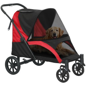 PawHut Hundewagen in Schwarz/Rot mit Hund. Ideal für Spaziergänge mit Ihrem Vierbeiner.
