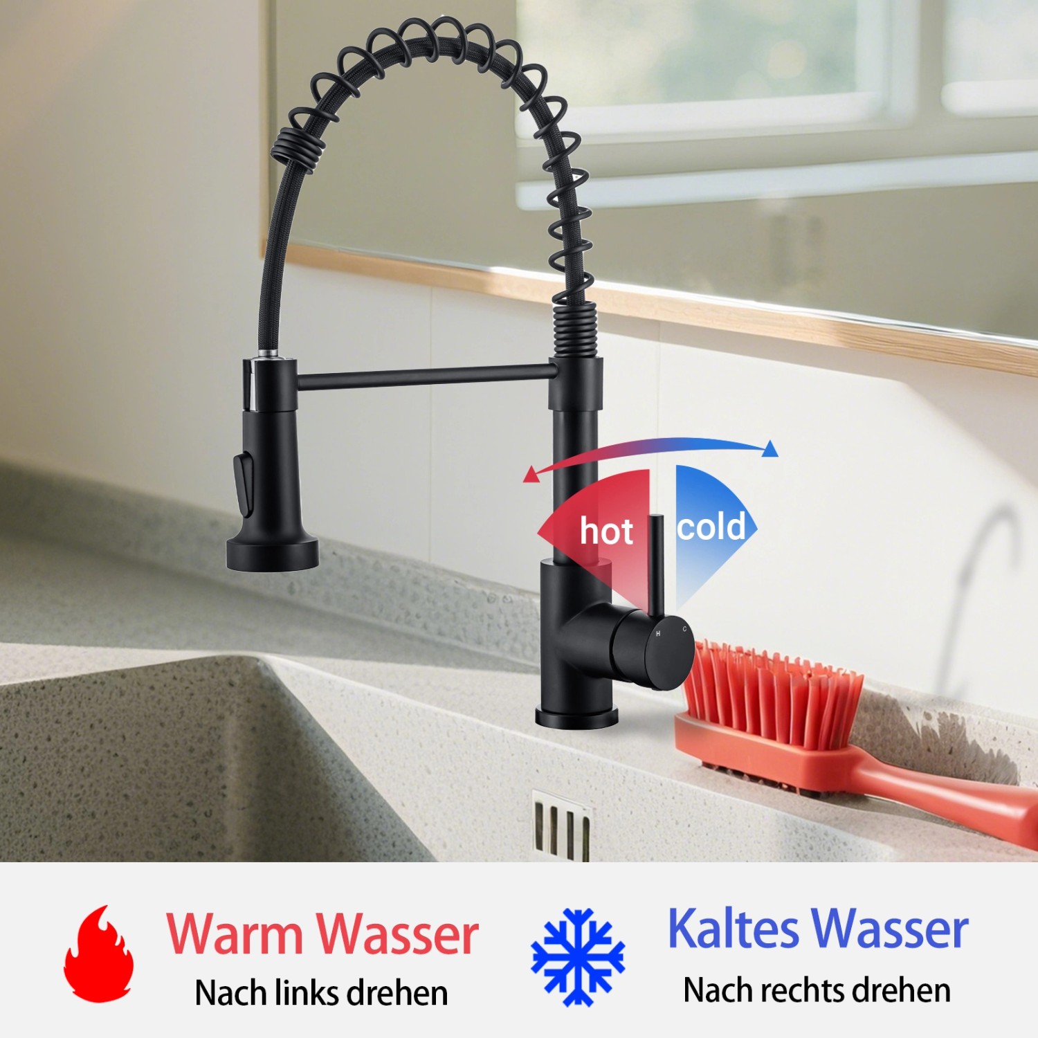 AICA Hochdruck Wasserhahn 43x21x12cm Schwarz Küche Abnehmbarer Mischbatterie und Drehbarer 360° Spiralfeder Bad Küchenarmatur_4