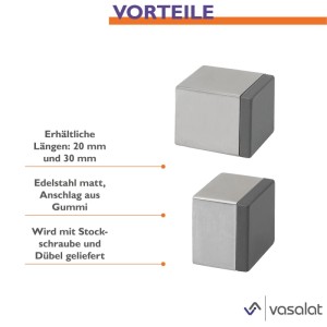 vasalat Wand-Türstopper Set aus mattem Edelstahl mit Dämpfer, 25x25 mm, schützt Tür und Wand. Zubehör für Türen.