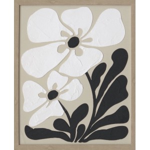 Leinwandbild Boho Flowers: Abstraktes Blumenmotiv in Weiß und Schwarz auf beigem Grund, mit hellem Holzrahmen. Dekoartikel.