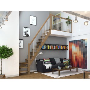 Dolle Raumspartreppe Lyon aus Eiche mit Metallgeländer, 1/4-gewendelt, in Wohnraum.