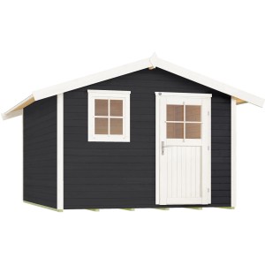 Anthrazitfarbenes Gartenhaus 123 mit Satteldach, 28 mm Wandstärke, Fenster und Tür.