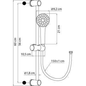 aquaSu Duschstangen-Set Libosa, Schema mit Maßen von Duschstange, Brause und Schlauch.