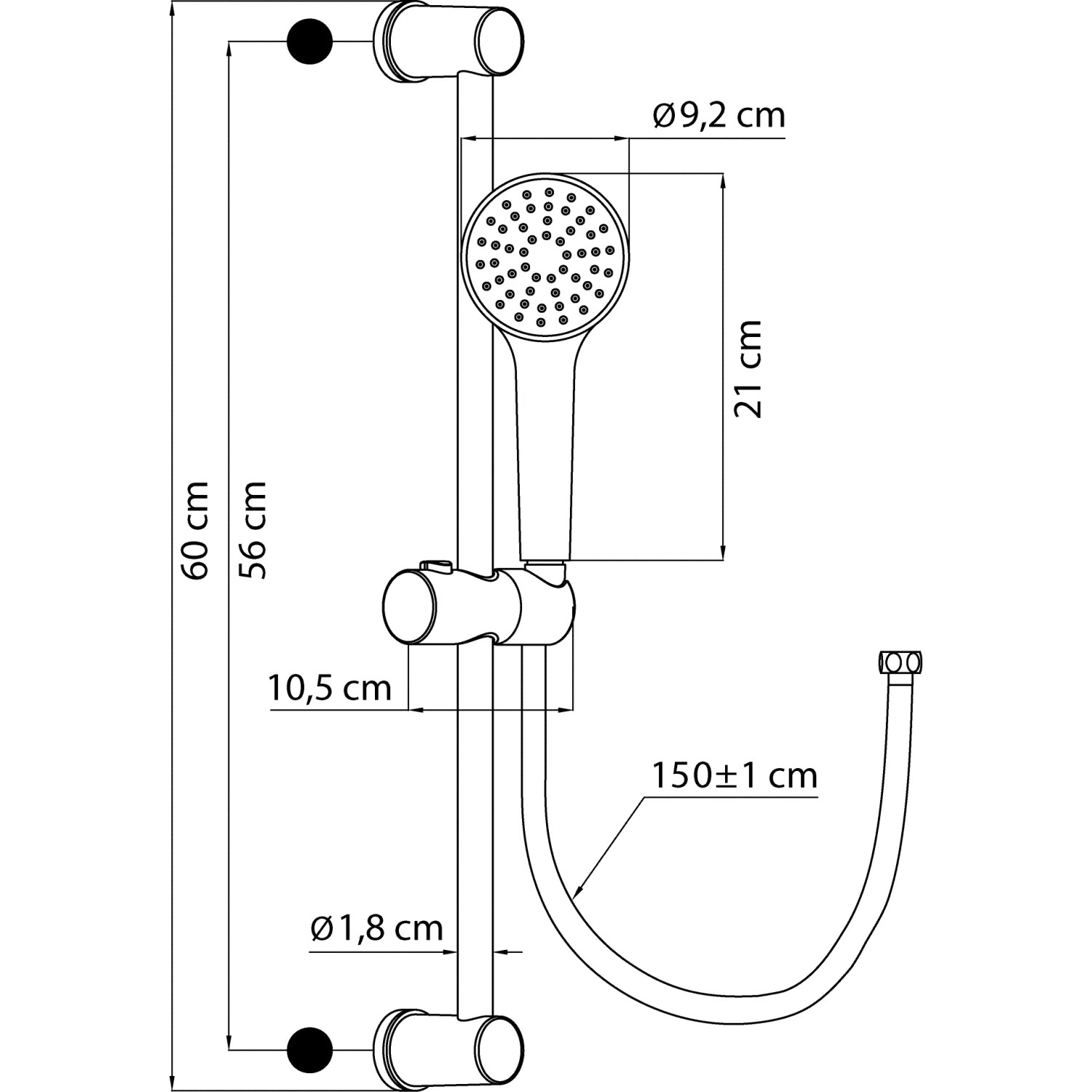 Aqua S2 Duschstange 60 Cm – Verchromt, 2 Strahlarten
