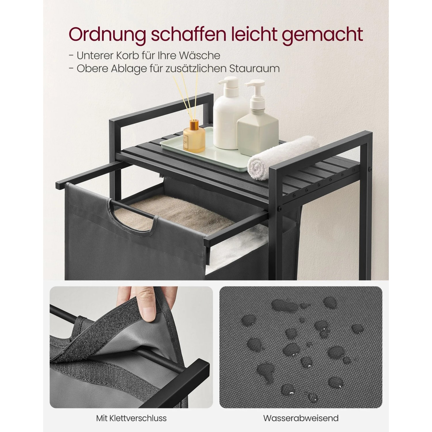 Vasagle Wäschesammler in Schwarz-Grau mit Ablage, ideal für Bad und Waschküche.