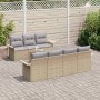 Beiges 8-tlg. vidaXL Garten-Sofa-Set aus Poly Rattan mit Tisch und grauen Kissen.