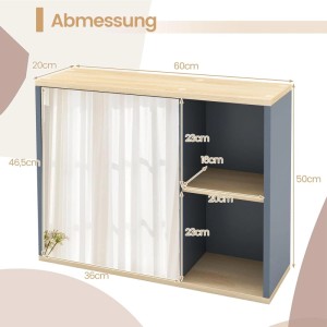 Wandmontierter Spiegelschrank in Grau-Holz-Optik mit zwei offenen Fächern. Ideal als Badregal oder Badablage.