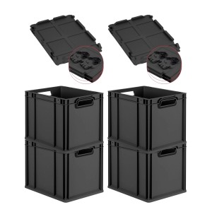 PROREGAL SuperSparSet 4x Eurobox Nextgen Color Mit Scharnierdeckel HxBxT 32x30x40cm 30 Liter Schwarz Griffe Schwarz Offen Eurobehälter Transportbox