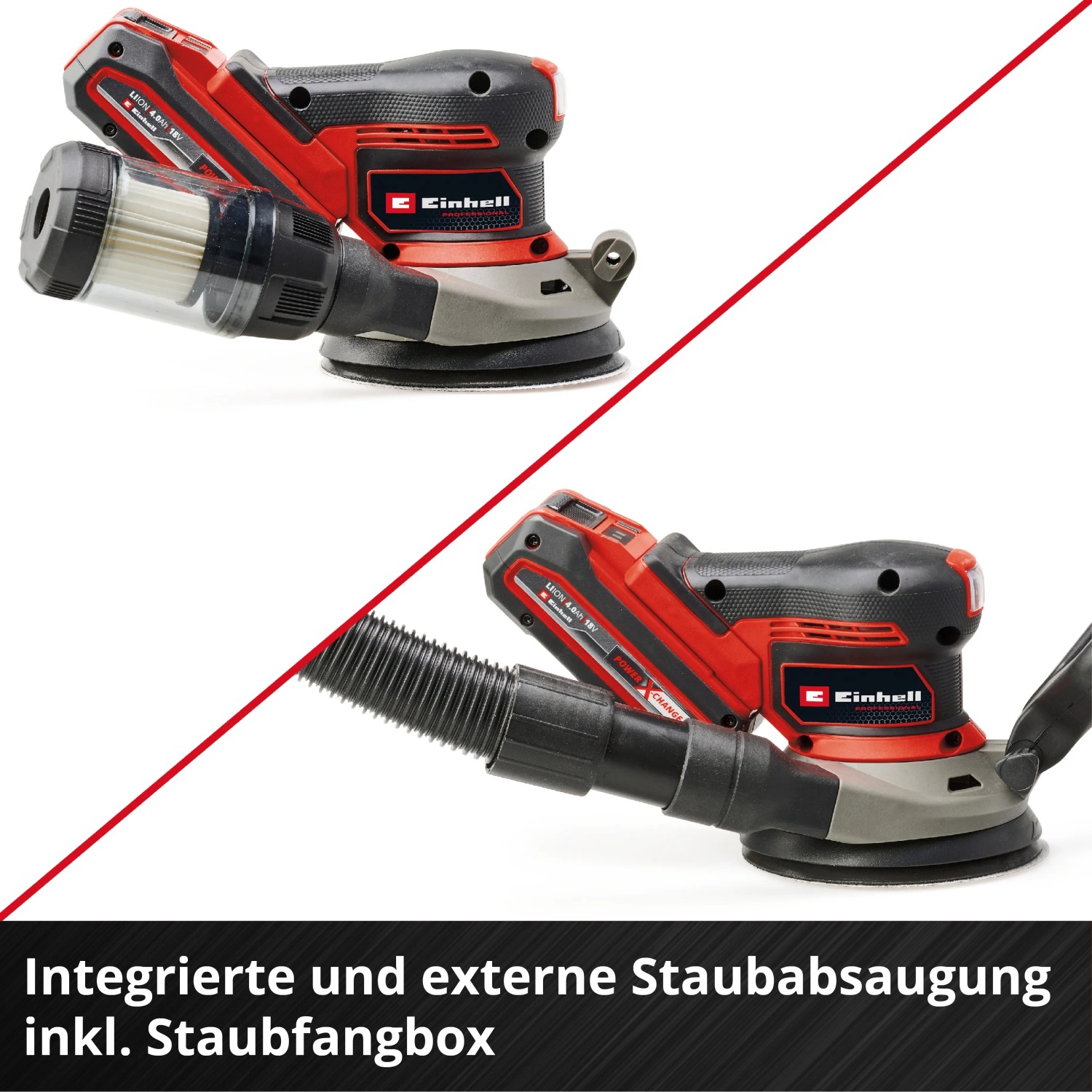 Einhell Akku-Exzenterschleifer TP-RS 18/32 Li BL-Solo mit Staubabsaugung und Zubehör.