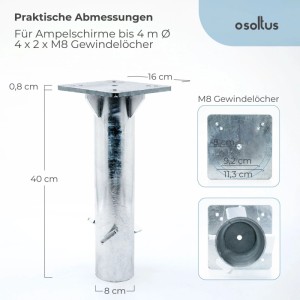 osoltus Bodenanker, verzinkt, für Ampelschirme bis 4m Ø. Einbetonier-Bodenhülse mit Montageplatte.