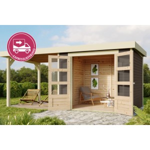 Modernes Karibu Holz-Gartenhaus Speedy B Terragrau mit Flachdach und seitlichem Schleppdach. Ideal als Geräteschuppen oder Freizeithaus.