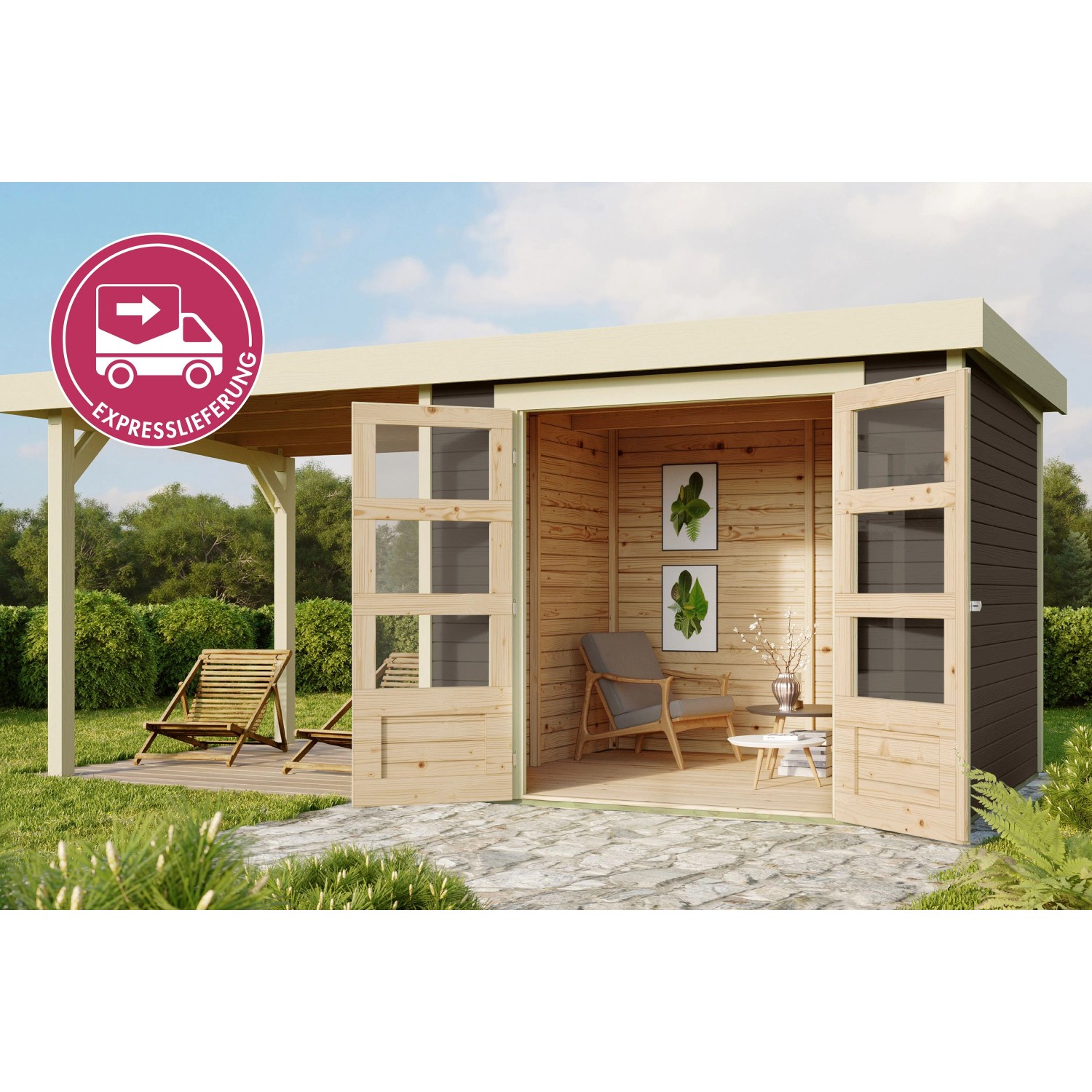 Karibu Express Gartenhaus Speedy B Set Terragrau 462 cm x 217 cm mit Schleppdach