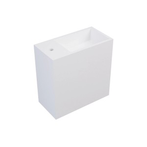 Kompaktes weißes Pumori Handwaschbecken aus Solid Surface, 40 cm, mit Ablage und Armaturenloch links.
