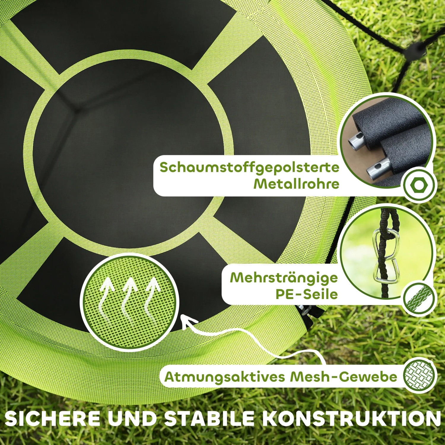 Detailaufnahme der AIYAPLAY Kinderschaukel: Atmungsaktives Mesh, gepolsterte Rohre und PE-Seile.