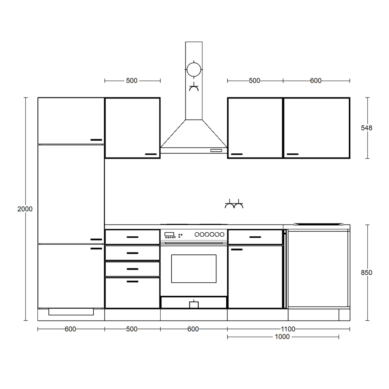 Skizze einer weißen Flex-Well Winkelküche Wito (280 cm) mit Elektrogeräten und Maßen.