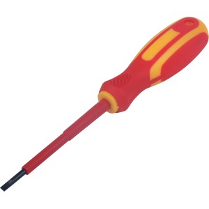 Schraubendreher 3 mm x 75 mm, isoliert bis 1.000 V, mit rot-gelbem Kunststoffgriff.