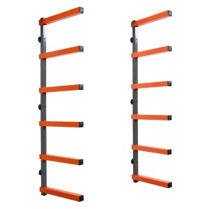 2er Set PROREGAL Kragarmregal zur Wandmontage, grau-orange, mit 6 Ebenen für Holzlagerung.