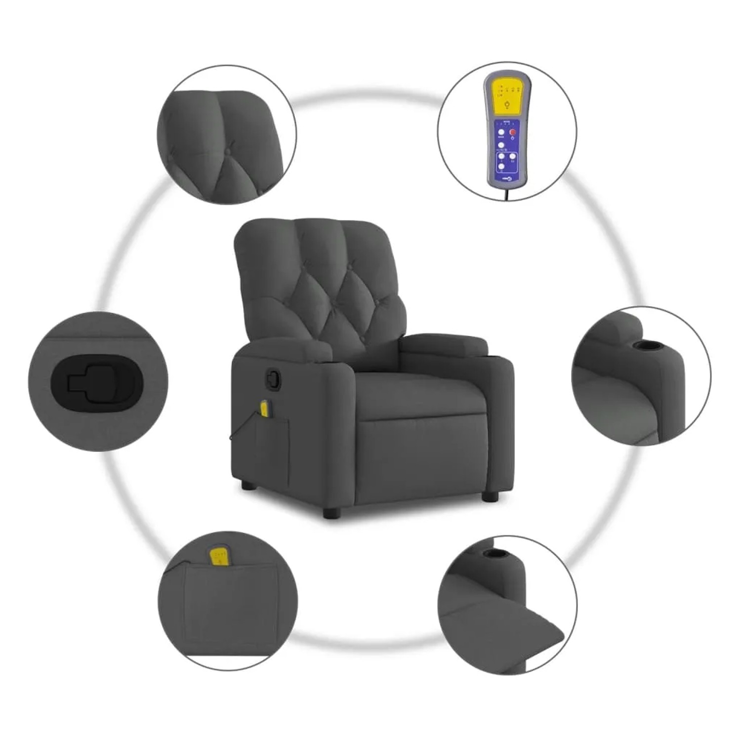 Dunkelgrauer vidaXL Massagesessel Modell 10 aus Samt mit Getränkehalter und Fernbedienung.