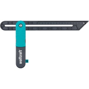 wolfcraft Winkelschmiege mit Streichmaßfunktion für Laminat und Parkett. Winkelmesser in Grau und Türkis.