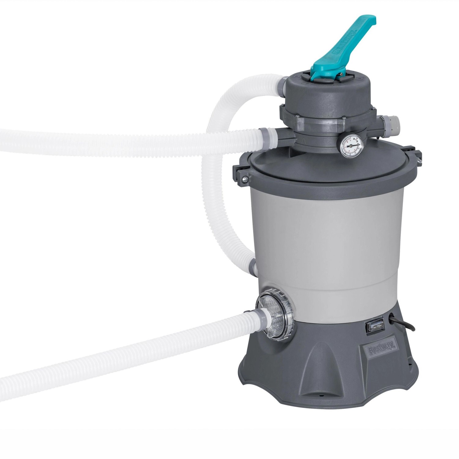 Bestway LAY Z SPA Sandfilteranlage mit Schläuchen, grau/türkis, für sauberes Poolwasser.