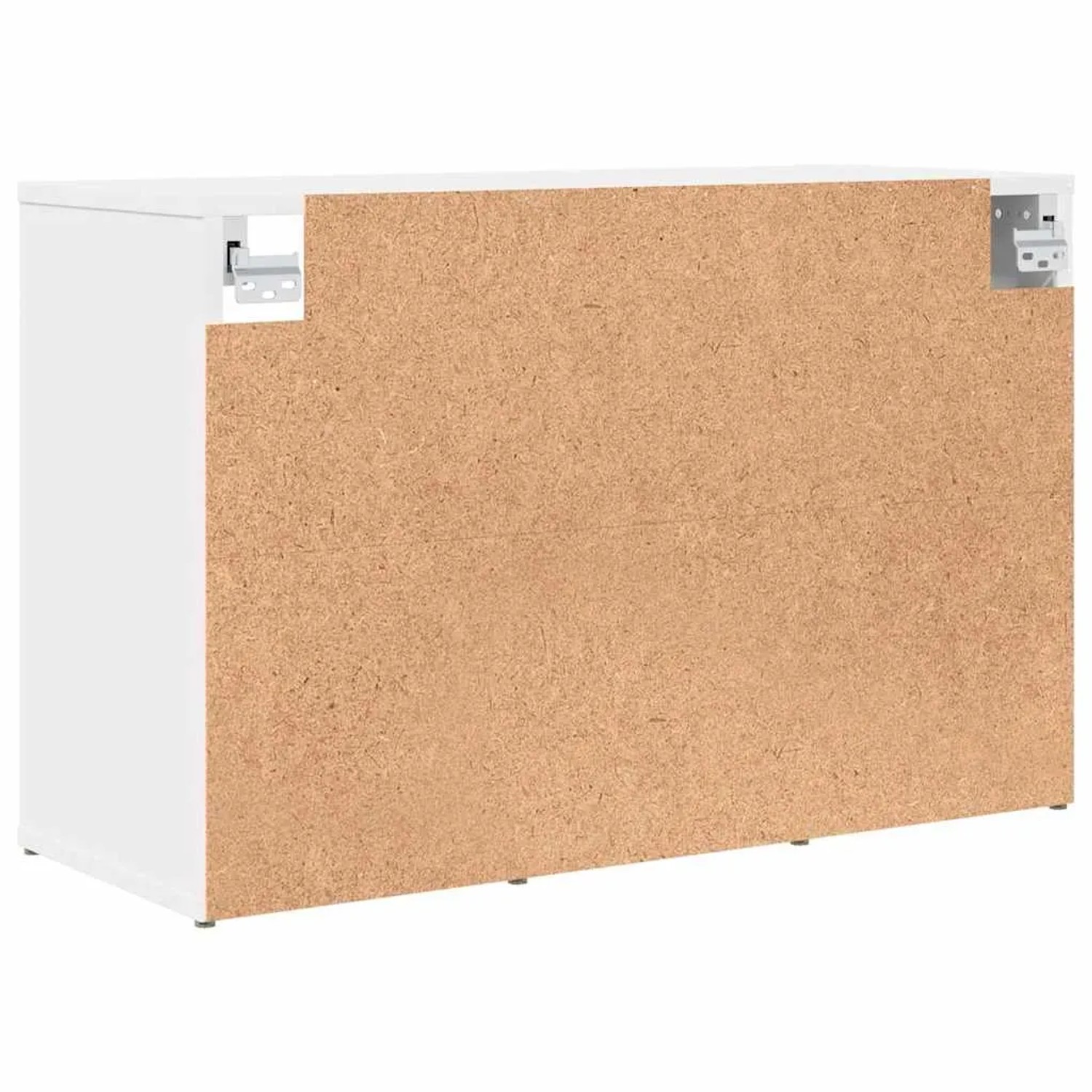 Weißer Schuhschrank aus Holzwerkstoff, Rückseite mit sichtbarer Holzfaserstruktur. Ideal für Flur und Stauraum.