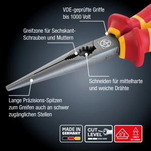 LUX Telefonzange 200 mm: Spitzzange mit isolierten Griffen, Greifzone und Schneiden für Elektroarbeiten.
