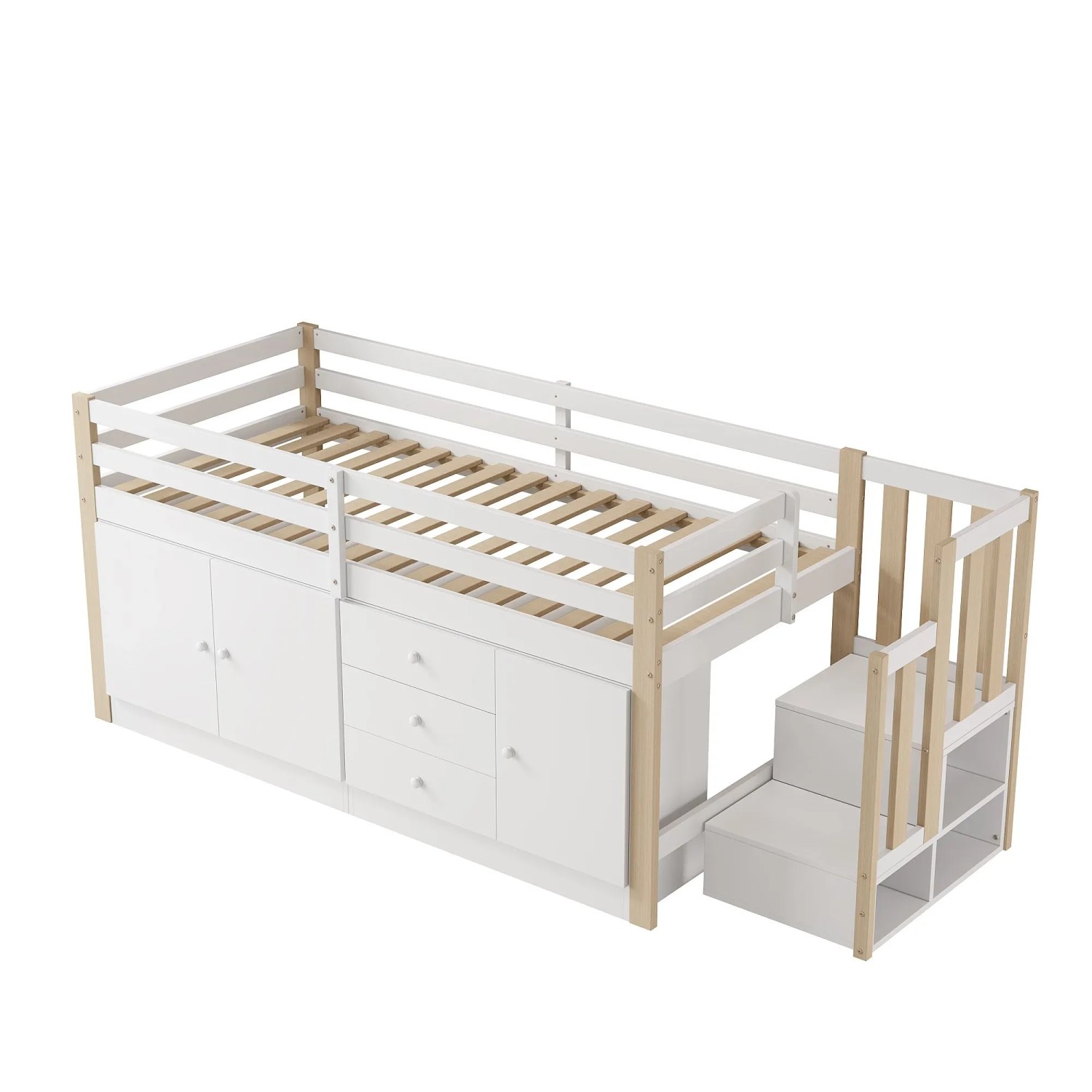 okwish Kinder Hochbett 90x200cm mit Treppe Schubladen und 2 Schränken Weiß ohne Matratze